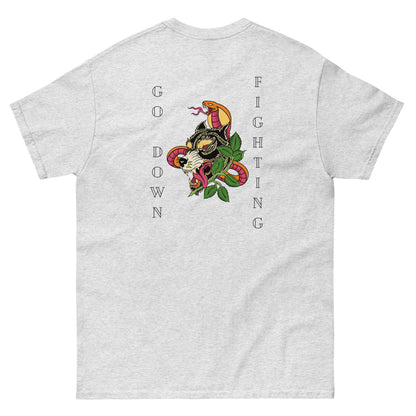 Go Down Fighting T Shirt, In Blue, Grey, or Tan