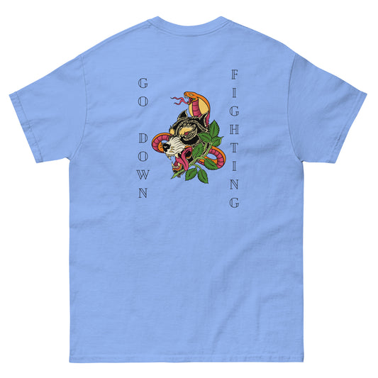Go Down Fighting T Shirt, In Blue, Grey, or Tan