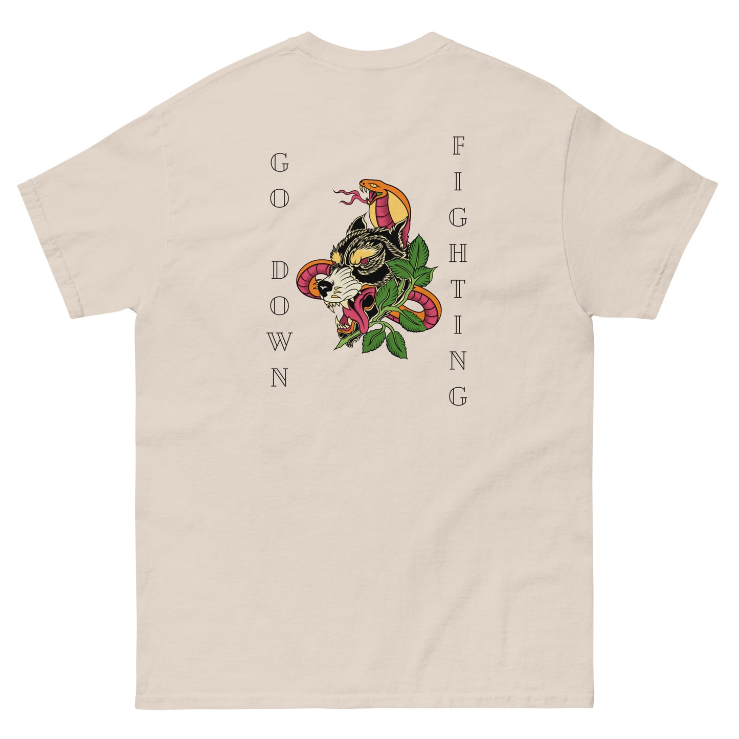 Go Down Fighting T Shirt, In Blue, Grey, or Tan